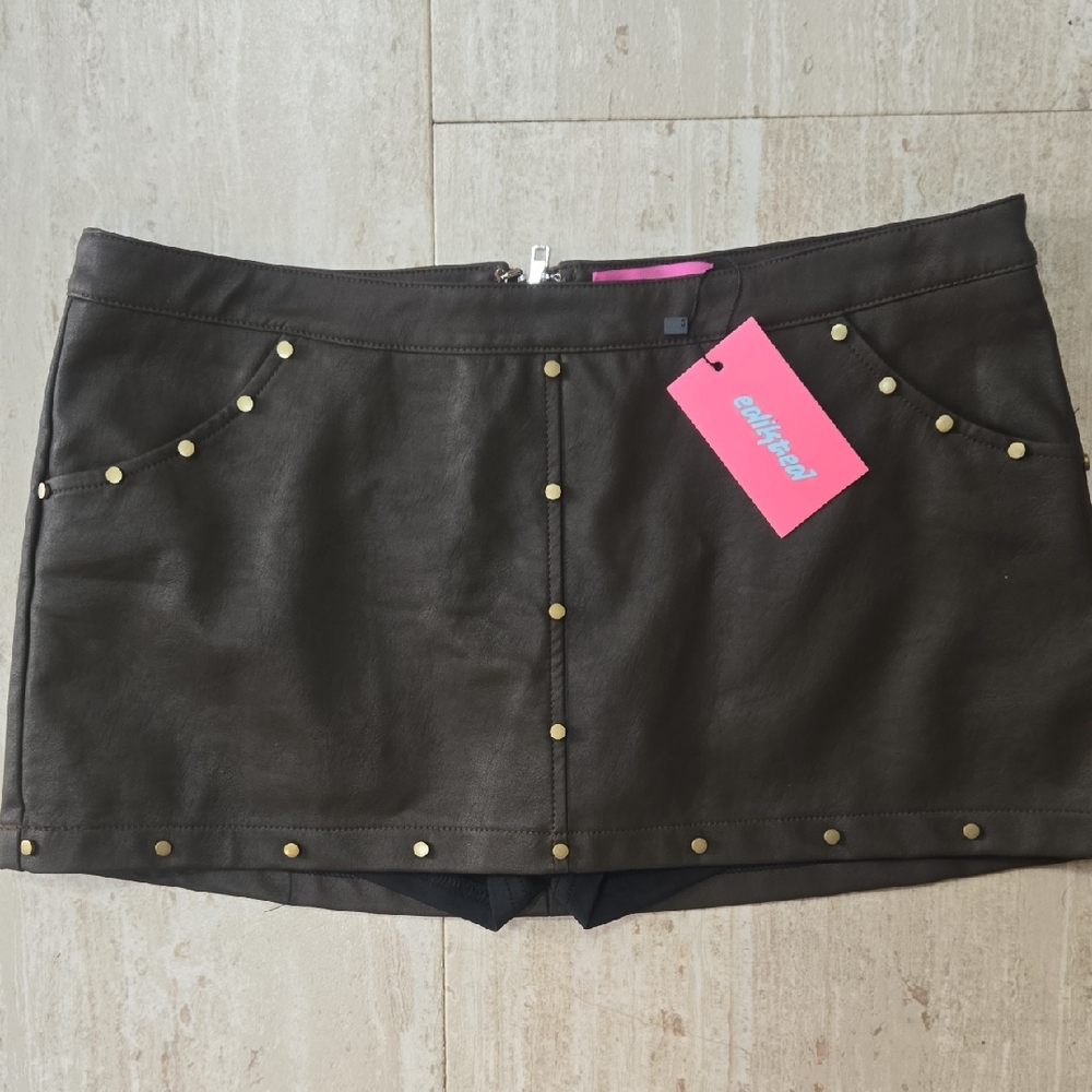 New Edikted Brown Faux Leather Studded Skort